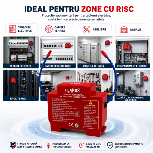 FLAREX™ – Dispozitiv Automat de Stingere cu Aerosol Termic pentru Tablouri Electrice și Spații Tehnice