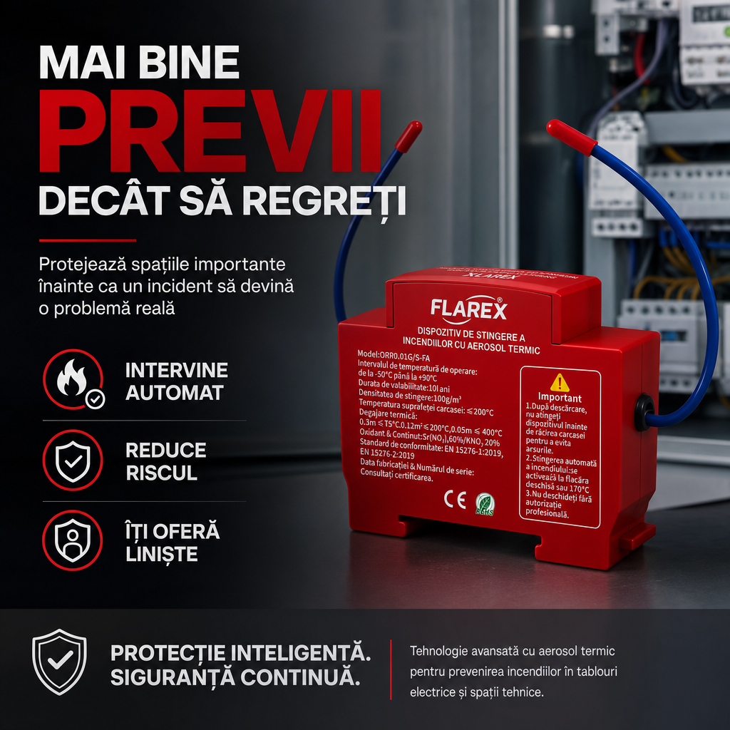 FLAREX™ – Dispozitiv Automat de Stingere cu Aerosol Termic pentru Tablouri Electrice și Spații Tehnice