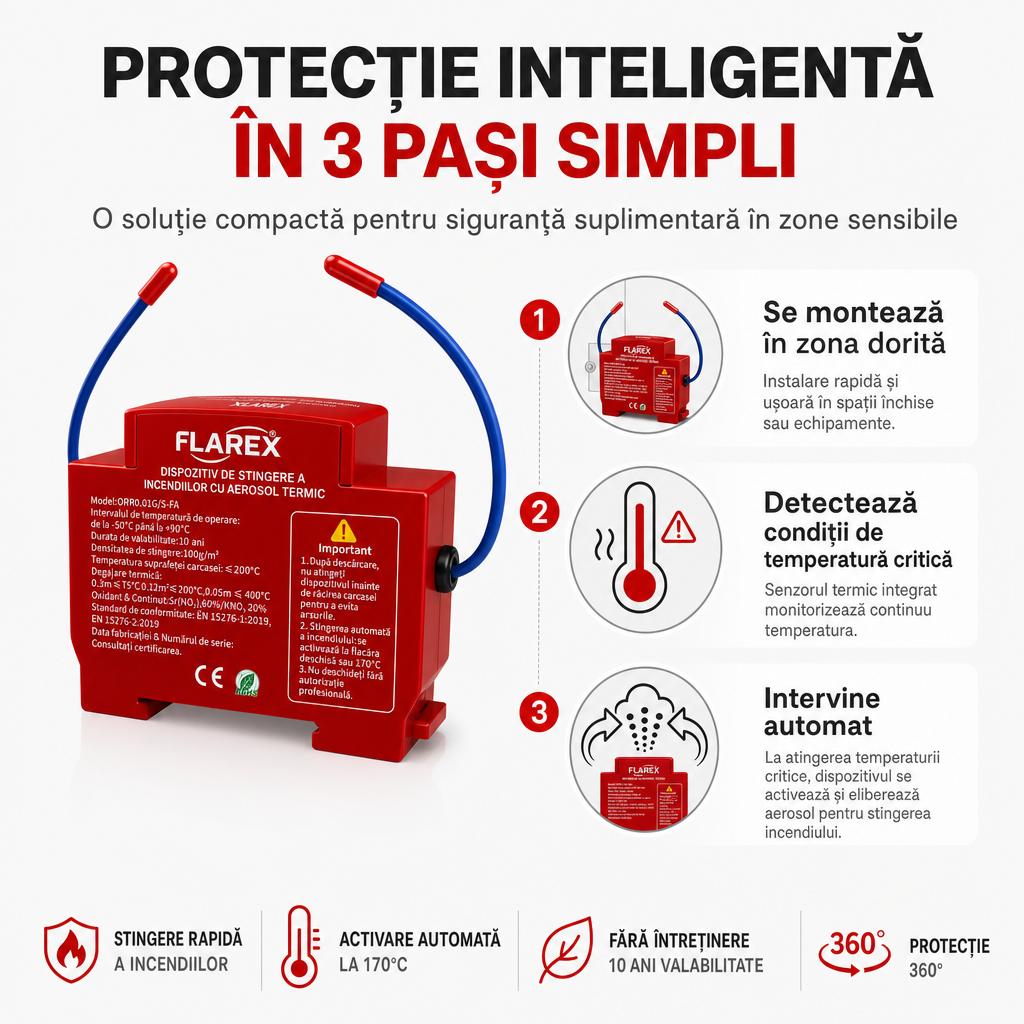 FLAREX™ – Dispozitiv Automat de Stingere cu Aerosol Termic pentru Tablouri Electrice și Spații Tehnice