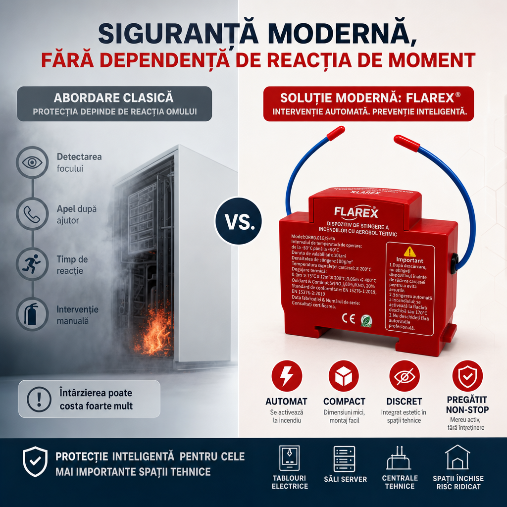 FLAREX™ – Dispozitiv Automat de Stingere cu Aerosol Termic pentru Tablouri Electrice și Spații Tehnice