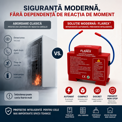 FLAREX™ – Dispozitiv Automat de Stingere cu Aerosol Termic pentru Tablouri Electrice și Spații Tehnice