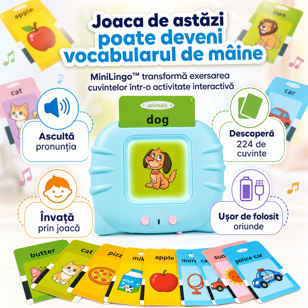 MiniLingo™ – Cititor Interactiv cu 224 de Cuvinte în Engleză și Carduri Educative