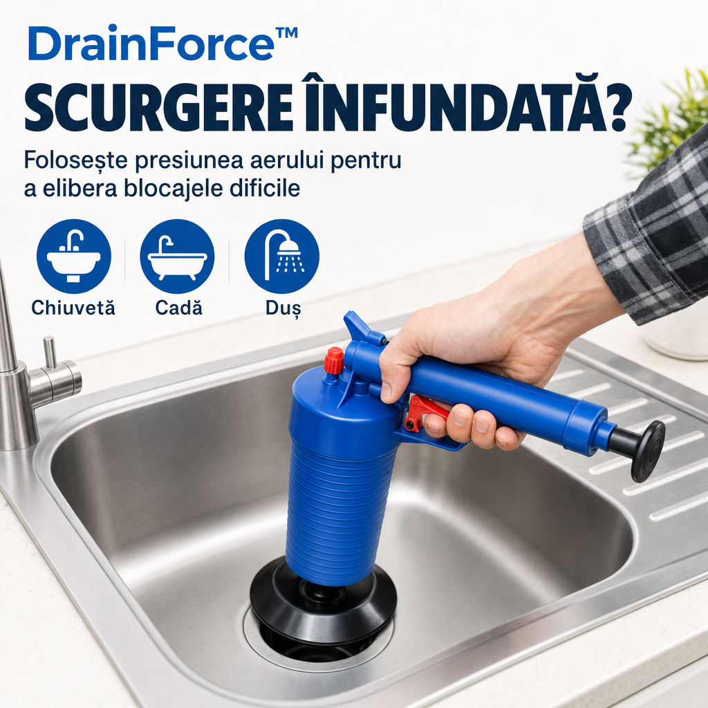DrainForce™ – Dispozitiv cu Presiune pentru Desfundarea Rapidă a Scurgerilor