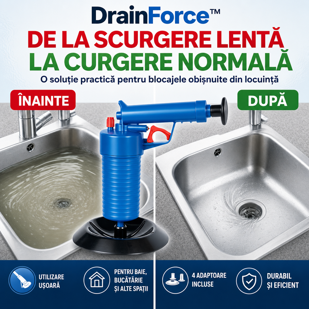 DrainForce™ – Dispozitiv cu Presiune pentru Desfundarea Rapidă a Scurgerilor