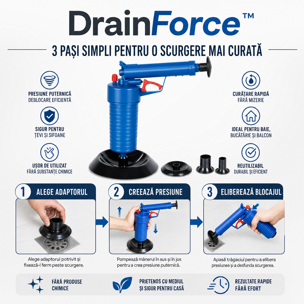 DrainForce™ – Dispozitiv cu Presiune pentru Desfundarea Rapidă a Scurgerilor