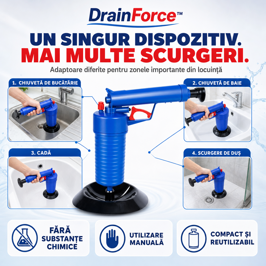 DrainForce™ – Dispozitiv cu Presiune pentru Desfundarea Rapidă a Scurgerilor