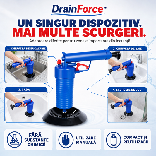 DrainForce™ – Dispozitiv cu Presiune pentru Desfundarea Rapidă a Scurgerilor