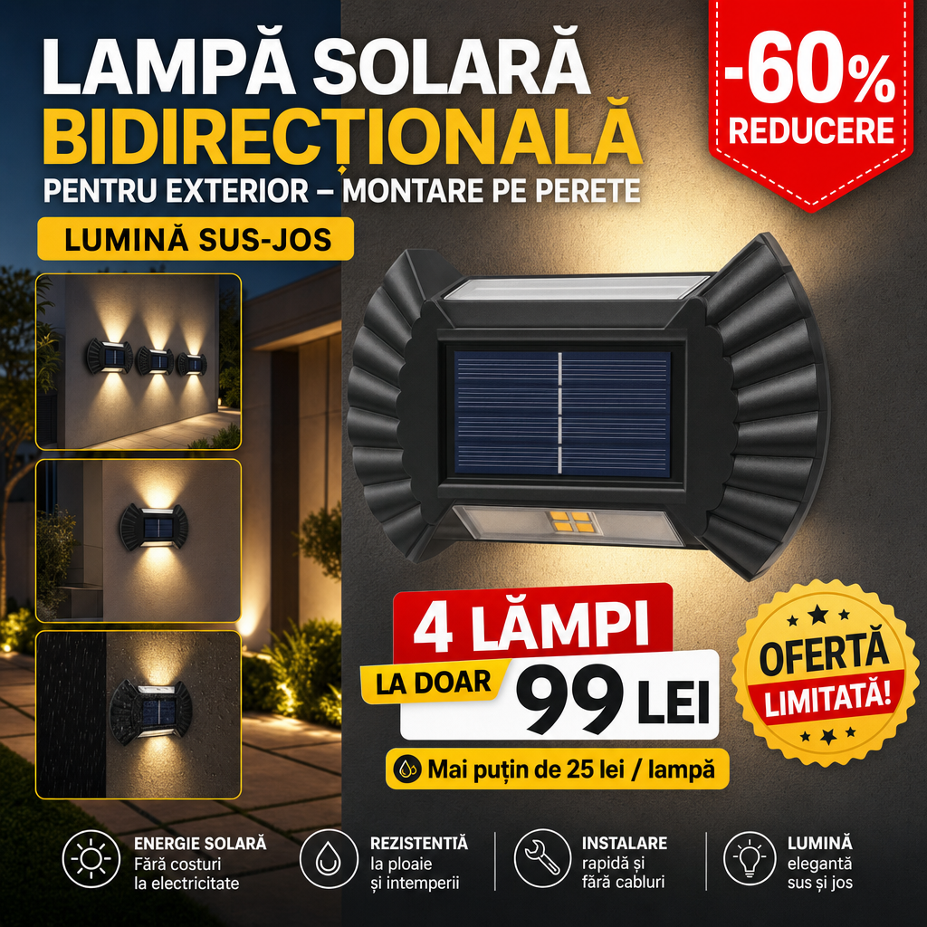 Set 4 Lămpi Solare Bidirecționale pentru Exterior, cu Senzor de Mișcare – Iluminare Sus-Jos
