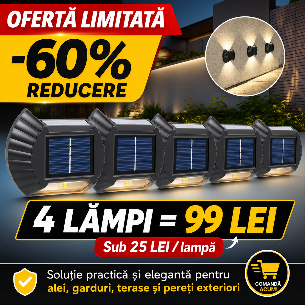 Set 4 Lămpi Solare Bidirecționale pentru Exterior, cu Senzor de Mișcare – Iluminare Sus-Jos