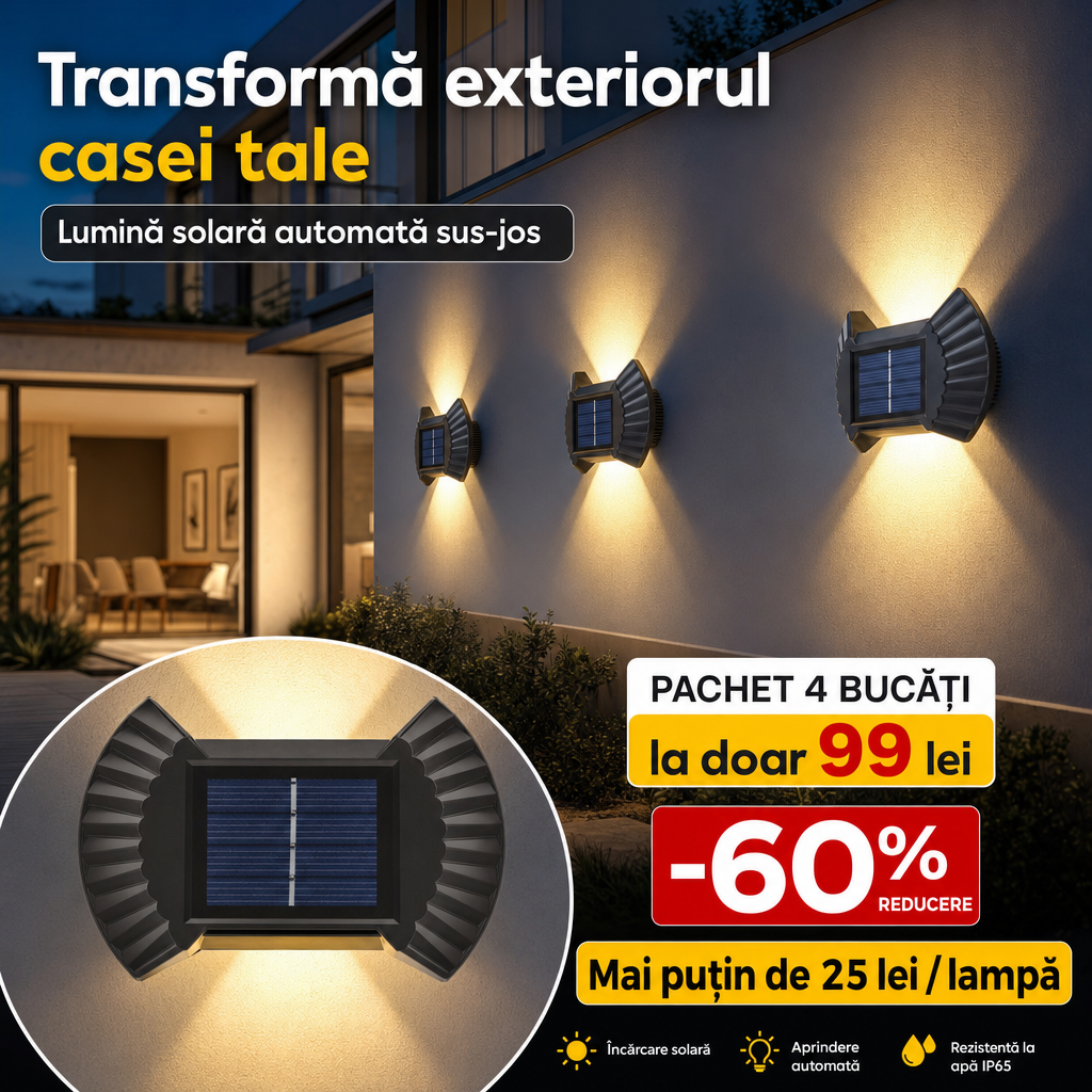 Set 4 Lămpi Solare Bidirecționale pentru Exterior, cu Senzor de Mișcare – Iluminare Sus-Jos