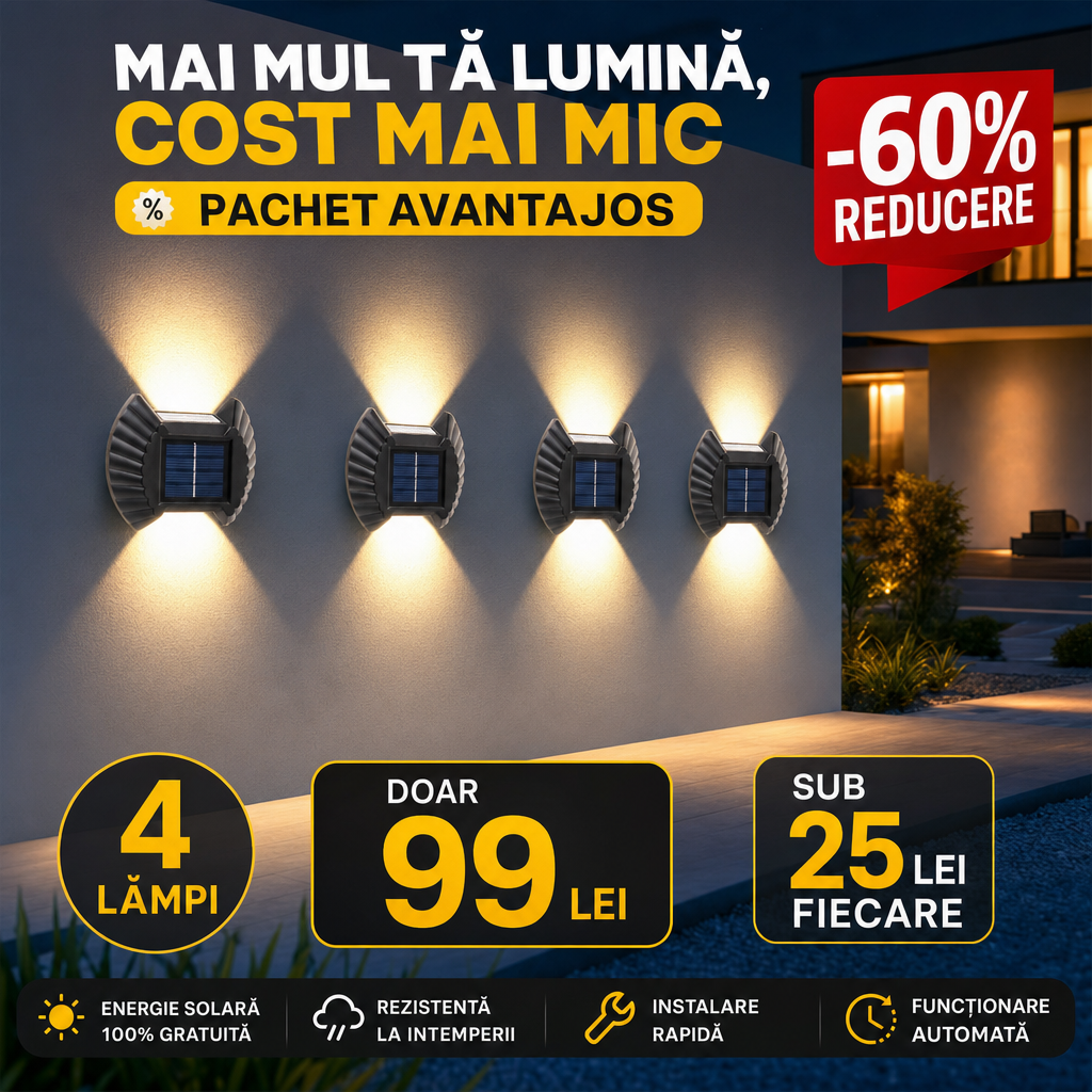 Set 4 Lămpi Solare Bidirecționale pentru Exterior, cu Senzor de Mișcare – Iluminare Sus-Jos