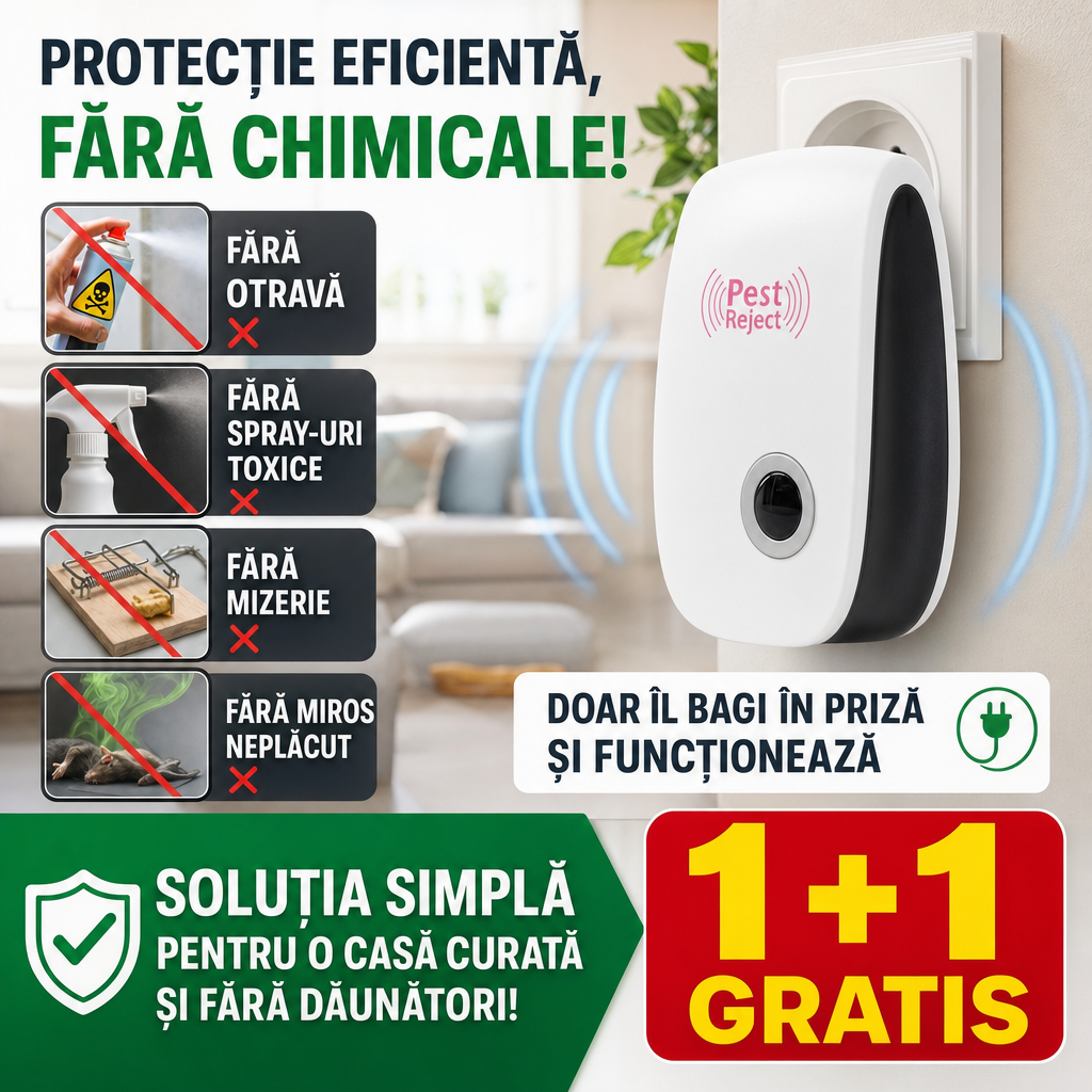 PestGuard™ – Aparat Ultrasonic pentru Insecte și Rozătoare, 1+1 GRATIS