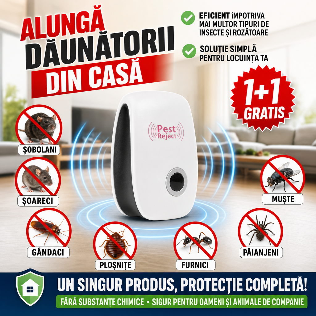 PestGuard™ – Aparat Ultrasonic pentru Insecte și Rozătoare, 1+1 GRATIS