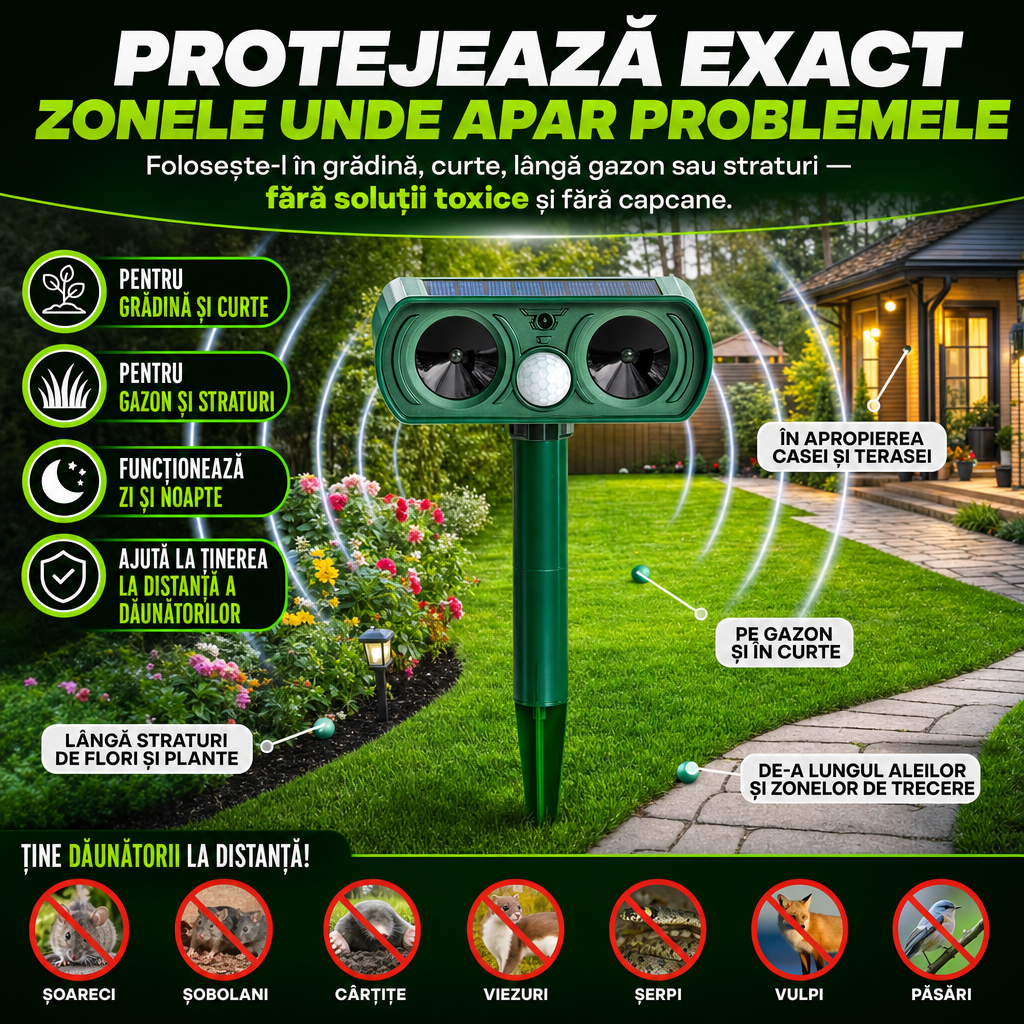 SolarGuard™ – Dispozitiv Solar Ultrasonic Anti-Dăunători pentru Curte și Grădină