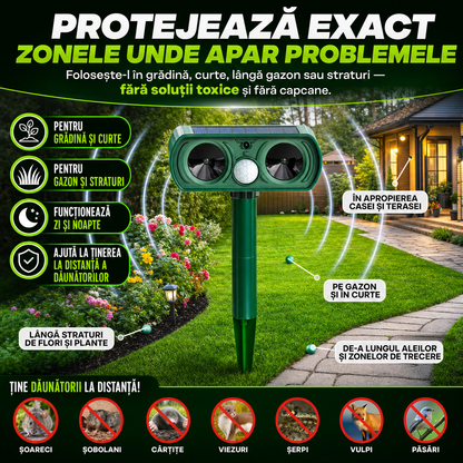 SolarGuard™ – Dispozitiv Solar Ultrasonic Anti-Dăunători pentru Curte și Grădină