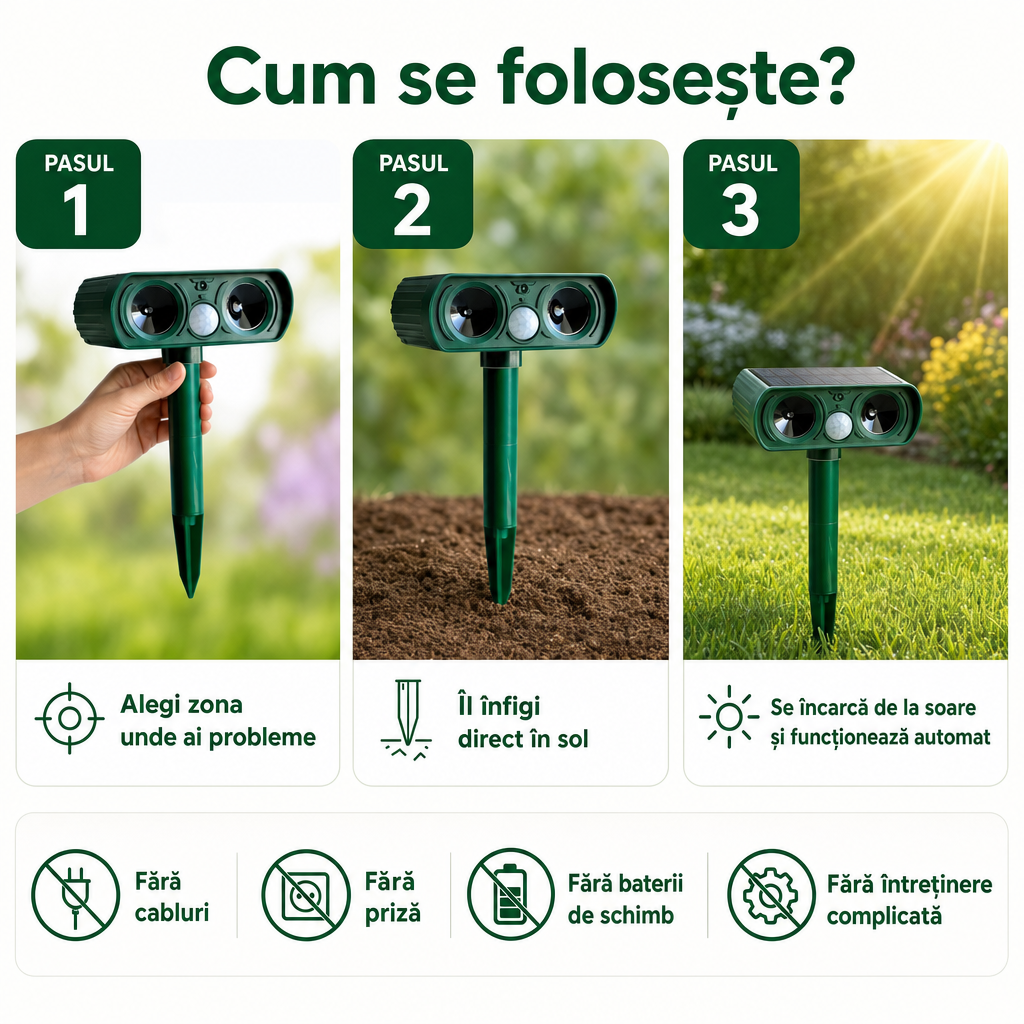 SolarGuard™ – Dispozitiv Solar Ultrasonic Anti-Dăunători pentru Curte și Grădină