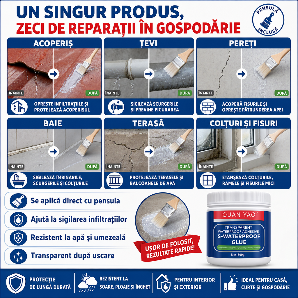 AquaSeal™ – Soluție Impermeabilă Transparentă cu Pensulă, 500 g
