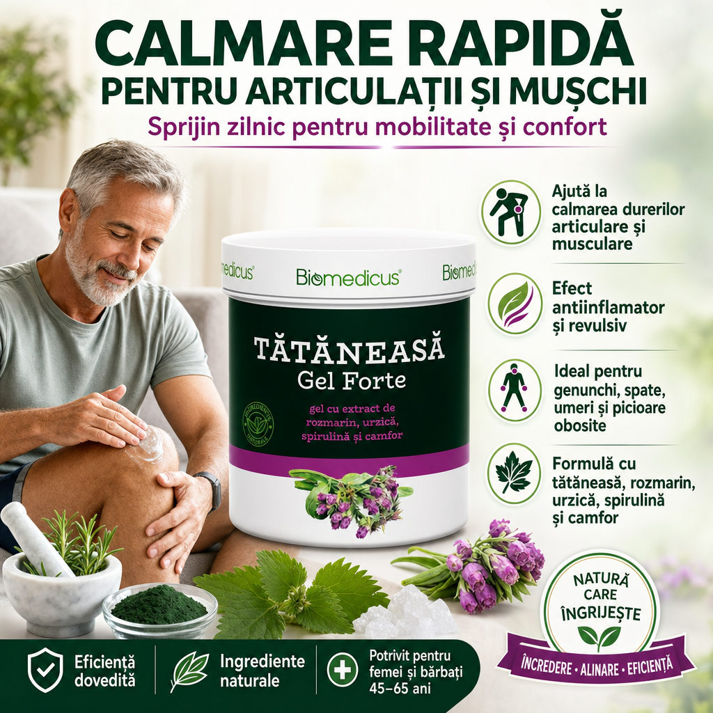 Tătăneasă Gel Forte™ – Gel pentru Articulații și Mușchi, cu Rozmarin, Urzică, Spirulină și Camfor, 250 ml