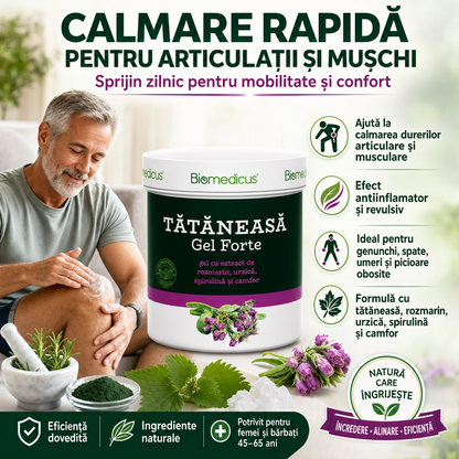 Tătăneasă Gel Forte™ – Gel pentru Articulații și Mușchi, cu Rozmarin, Urzică, Spirulină și Camfor, 250 ml