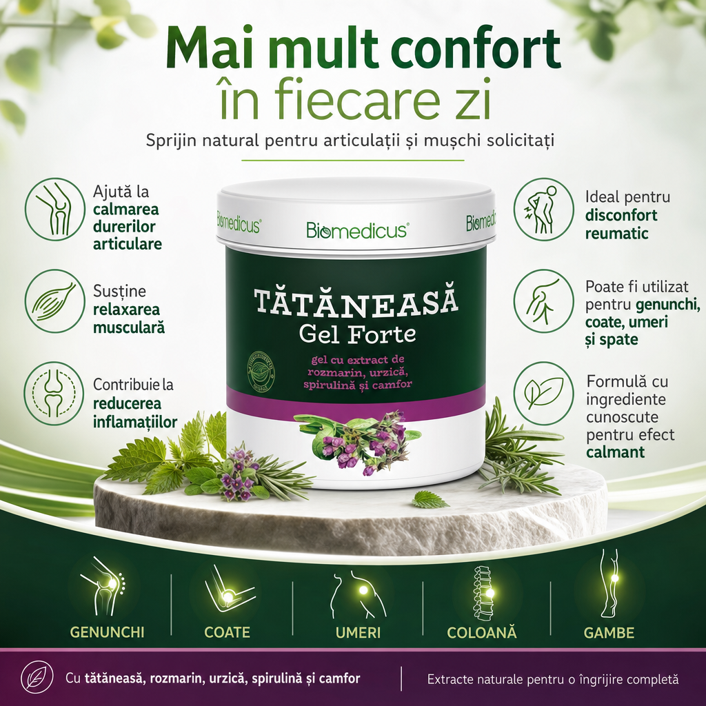 Tătăneasă Gel Forte™ – Gel pentru Articulații și Mușchi, cu Rozmarin, Urzică, Spirulină și Camfor, 250 ml
