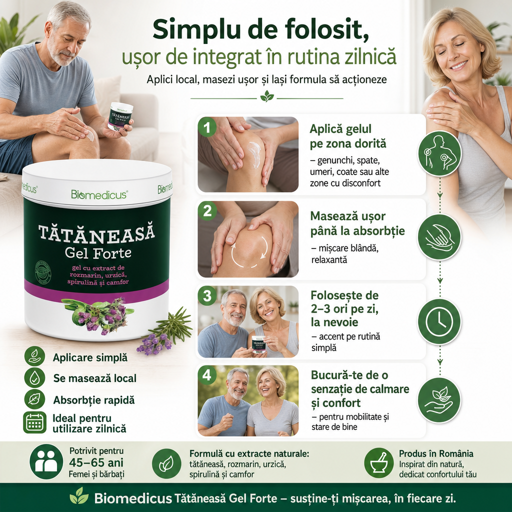 Tătăneasă Gel Forte™ – Gel pentru Articulații și Mușchi, cu Rozmarin, Urzică, Spirulină și Camfor, 250 ml