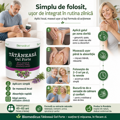 Tătăneasă Gel Forte™ – Gel pentru Articulații și Mușchi, cu Rozmarin, Urzică, Spirulină și Camfor, 250 ml