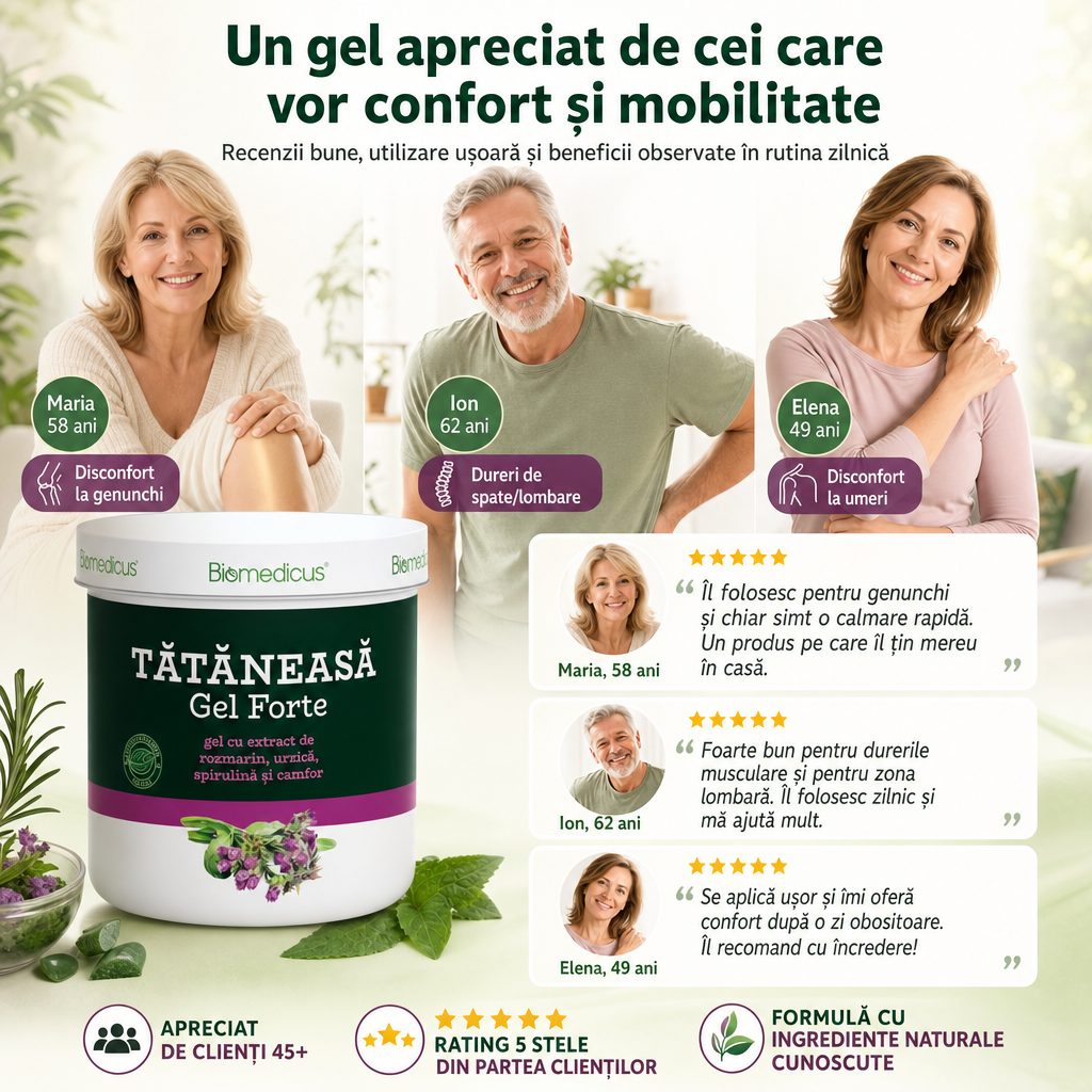 Tătăneasă Gel Forte™ – Gel pentru Articulații și Mușchi, cu Rozmarin, Urzică, Spirulină și Camfor, 250 ml