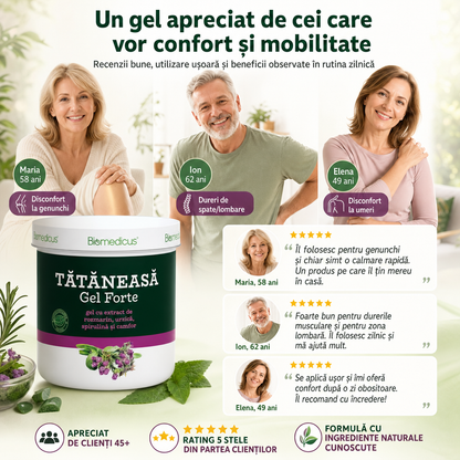 Tătăneasă Gel Forte™ – Gel pentru Articulații și Mușchi, cu Rozmarin, Urzică, Spirulină și Camfor, 250 ml