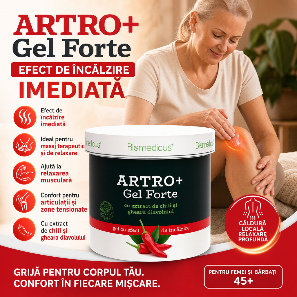 Artro+ Gel Forte™ – Gel cu Efect de Încălzire pentru Masaj și Relaxare, cu Chili și Gheara Diavolului, 250 ml