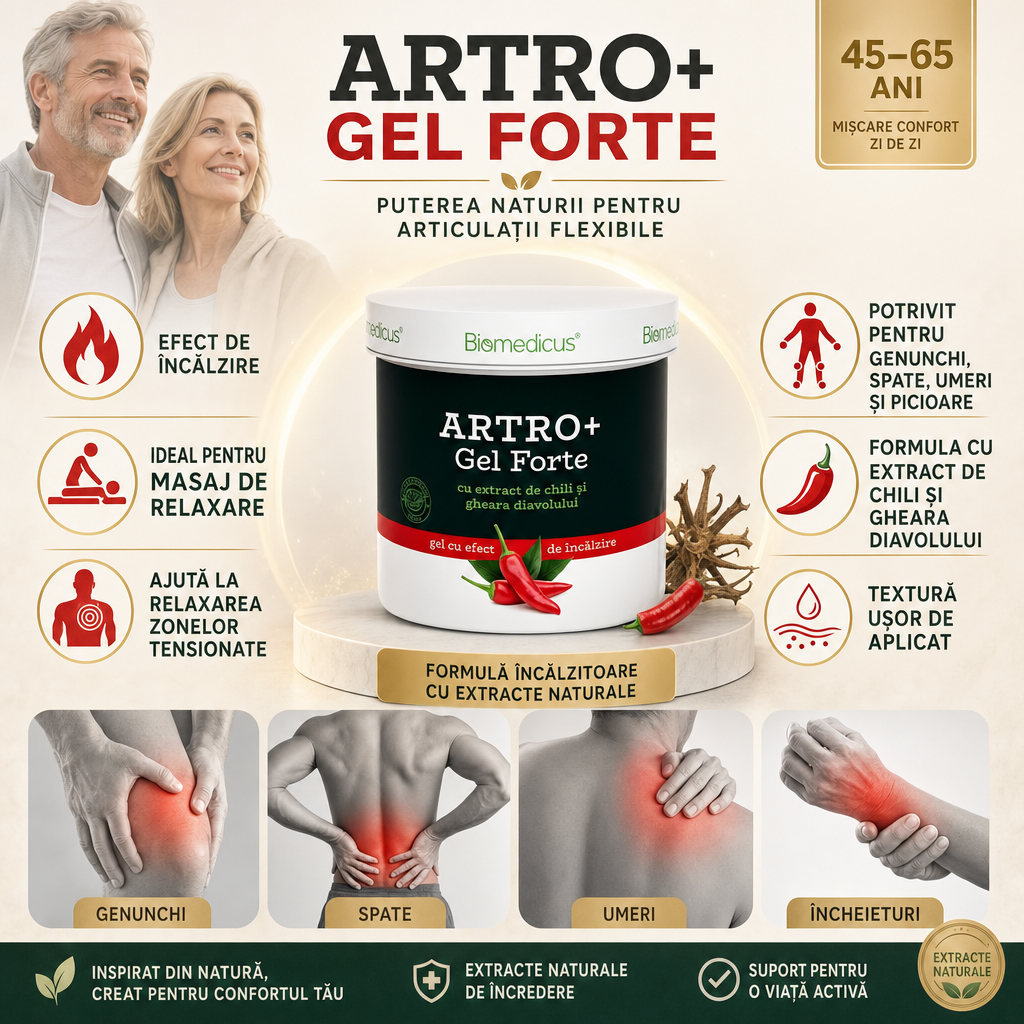 Artro+ Gel Forte™ – Gel cu Efect de Încălzire pentru Masaj și Relaxare, cu Chili și Gheara Diavolului, 250 ml