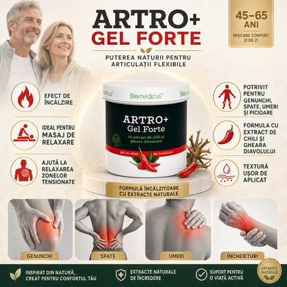 Artro+ Gel Forte™ – Gel cu Efect de Încălzire pentru Masaj și Relaxare, cu Chili și Gheara Diavolului, 250 ml