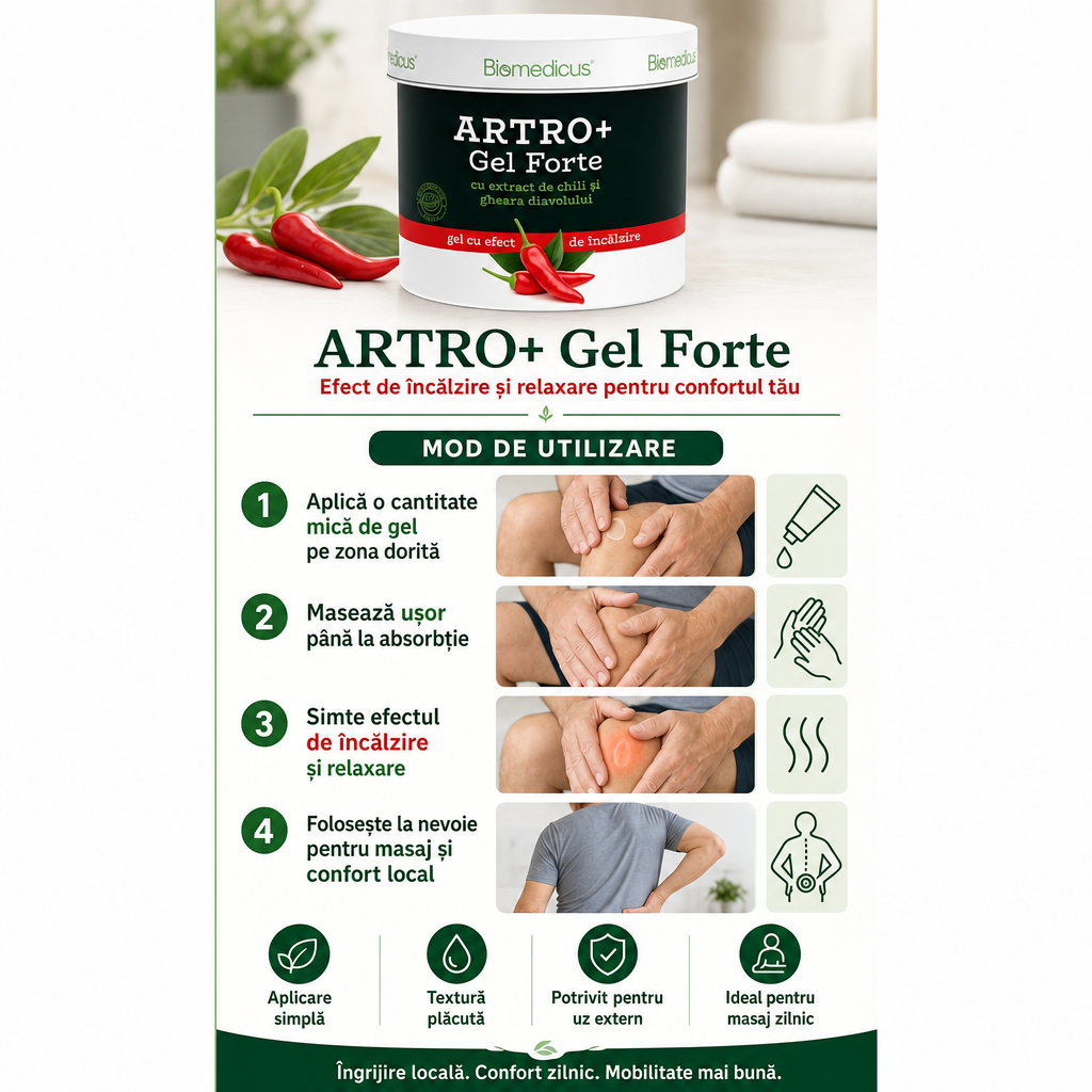 Artro+ Gel Forte™ – Gel cu Efect de Încălzire pentru Masaj și Relaxare, cu Chili și Gheara Diavolului, 250 ml