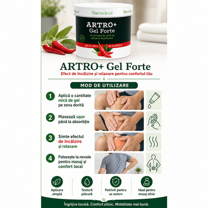 Artro+ Gel Forte™ – Gel cu Efect de Încălzire pentru Masaj și Relaxare, cu Chili și Gheara Diavolului, 250 ml