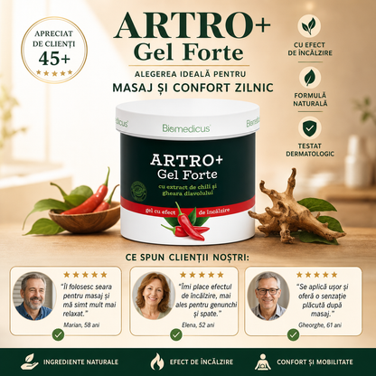 Artro+ Gel Forte™ – Gel cu Efect de Încălzire pentru Masaj și Relaxare, cu Chili și Gheara Diavolului, 250 ml