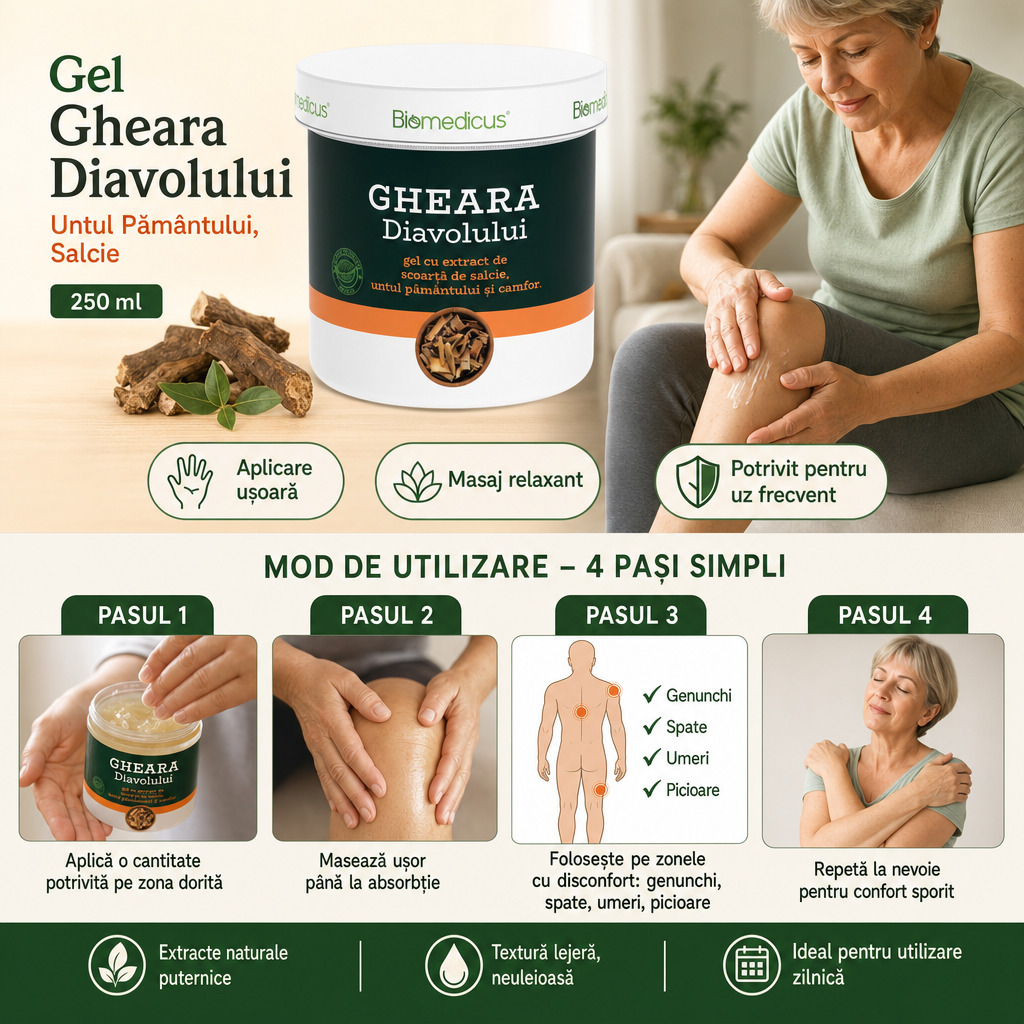 Gheara Diavolului Gel Forte™ – Gel pentru Masaj, Articulații și Mușchi, cu Untul Pământului și Salcie, 250 ml