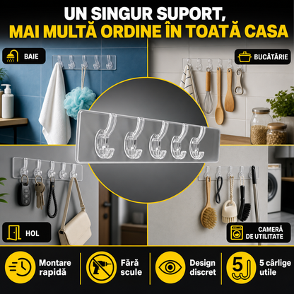 SmartHook™ – Suport Autoadeziv cu 5 Cârlige pentru Baie, Hol și Bucătărie
