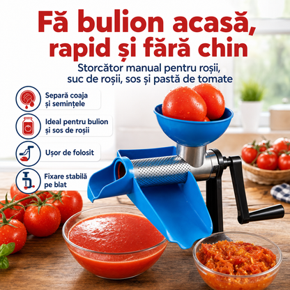 Storcător Manual de Roșii pentru Bulion, Suc și Sos de Roșii – cu Manivelă