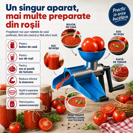 Storcător Manual de Roșii pentru Bulion, Suc și Sos de Roșii – cu Manivelă