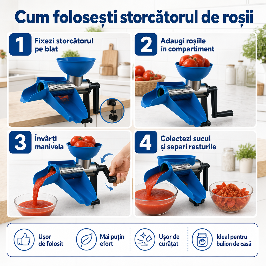 Storcător Manual de Roșii pentru Bulion, Suc și Sos de Roșii – cu Manivelă