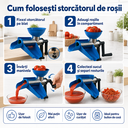 Storcător Manual de Roșii pentru Bulion, Suc și Sos de Roșii – cu Manivelă