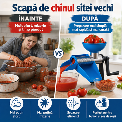Storcător Manual de Roșii pentru Bulion, Suc și Sos de Roșii – cu Manivelă
