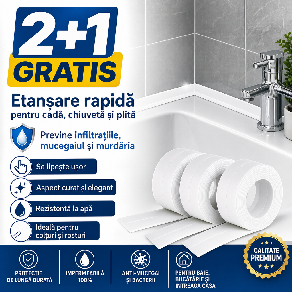 Bandă Autoadezivă de Etanșare pentru Cadă, Chiuvetă și Plită – Rezistentă la Apă, 3 Role (2+1 GRATIS)