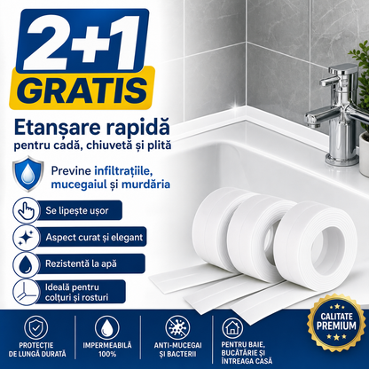 Bandă Autoadezivă de Etanșare pentru Cadă, Chiuvetă și Plită – Rezistentă la Apă, 3 Role (2+1 GRATIS)