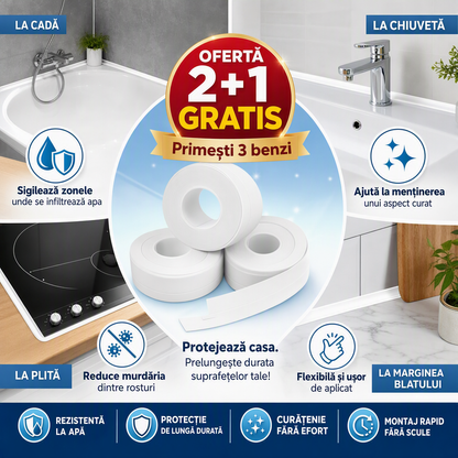 Bandă Autoadezivă de Etanșare pentru Cadă, Chiuvetă și Plită – Rezistentă la Apă, 3 Role (2+1 GRATIS)