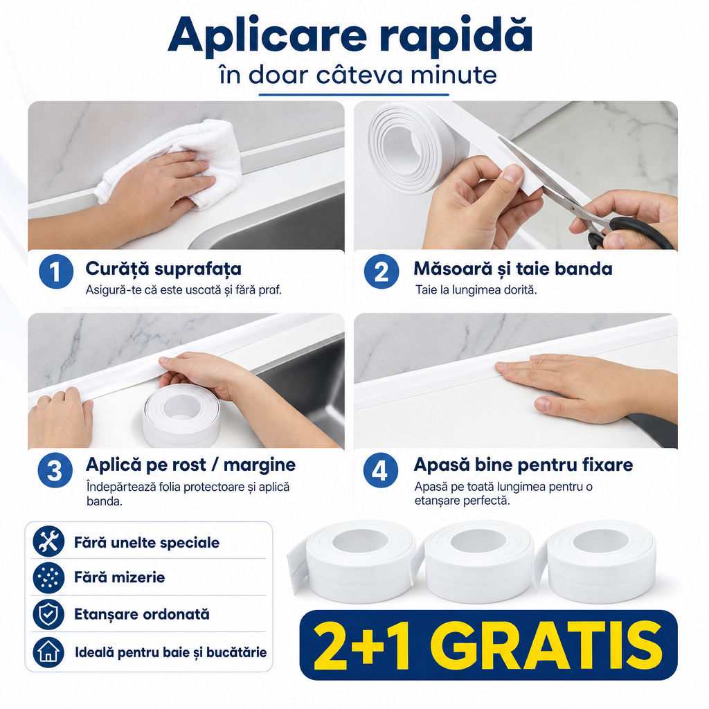 Bandă Autoadezivă de Etanșare pentru Cadă, Chiuvetă și Plită – Rezistentă la Apă, 3 Role (2+1 GRATIS)