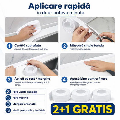 Bandă Autoadezivă de Etanșare pentru Cadă, Chiuvetă și Plită – Rezistentă la Apă, 3 Role (2+1 GRATIS)