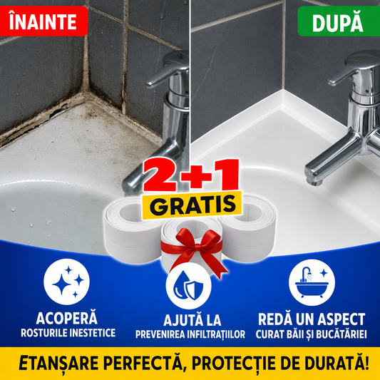 Bandă Autoadezivă de Etanșare pentru Cadă, Chiuvetă și Plită – Rezistentă la Apă, 3 Role (2+1 GRATIS)